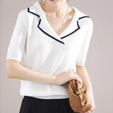 New Knitted Tees Short-sleeved Women's Lapel Pullover Vest Casual Color Contrast Tops Female Sweater Jacket
