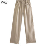 Women Simply Solid Green Color Pockets Casual Straight Pants Female Chic Elastic Waist Lace Up Summer Long Trousers