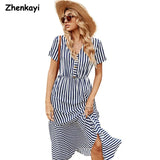 Elegant V-Neck Single Breasted Women's Dress High Waist Navy Blue Short Sleeve Striped