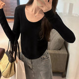 U-Collar Long-Sleeved T-Shirt Women's New Autumn Design Sense Of Niche Slim Bottomed
