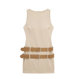 Spring Double Belt Decorated Tight Sleeveless Mini Dress