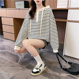 Zingj Autumn Winter Lazy Wind Loose And Thin Fashion Versatile Striped Round Collar Hoodie Female Casual Hooded