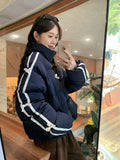 Navy Blue Bow Stripe Puffer Jacket- Outfit