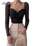2022 Summer Frill Crop Top Fashion Back Zipper Mesh Sleeve Patchwork Corset Women Sexy Square Collar T