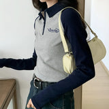Hit Color Short Style Thin Bottom Polo Shirt Female Spring And Autumn New Style Spice Girl Long-Sleeved