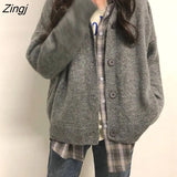 Women Ulzzang Casual Single Breasted Elegant Ladies Sweaters Jumpers V-Neck Solid Gray Chic Basic Femme Knitted
