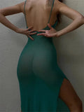 Through Mesh Long Maxi Dress Women Sexy Strap High Split Dress Club Party Beach Summer Backless Vestidos 2023