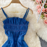 Women Denim Romper Sexy Strapless Draped High Waist Jumpsuits Female Black/Blue Wide Leg Spaghetti Strap Rompers