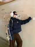 Navy Blue Bow Stripe Puffer Jacket- Outfit