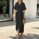 Women's Summer Tidling With Short Sleeve Single Buckle Solid Color Shirt Dress