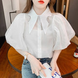 Summer New Women Shirts Diamonds Tirn Down Collar Puff Sleeve Blouse Women Tops See Through Single Breasted Blusas