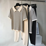 2024 Fashion Tracksuits Woment Striped Knit Pants Suit Casual Knitted Short-sleeved T-shirt + Long Pants 2 Piece