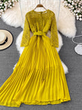 Women Lace Patchwork Pleated Long Dress Vintage Round Neck High Waist Big Swing Draped Vestidos Female Green/Red Robe