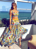 Print Casual Two Piece Set Skirt V-neck Bra High Waist Pleated Long Skirt Elegant Suit Summer Beach Holiday Women