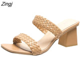 Women Slippers Sexy High Heels Outdoor Slides Women Summer Shoes Sandals Heels Female Square Toe Slipper Designer Brand