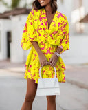 Zingj Wise Hot Style Autumn V-Collar Loose Bat Sleeve Print Dress Women's