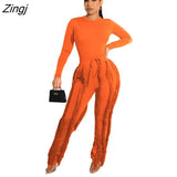 Sleeve Bodysuit and Pants Fringe Tassel Trousers Two Piece Set Tracksuit Fall Women Clothing Sexy Skinny
