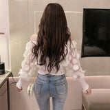 Off Shoulder womens tops and blouses Mesh Sheer Puff Sleeve Tops Summer 3D Flower Vintage White Women Shirt