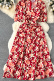 Women Floral Long Dress Elegant Square Collar Short Sleeve High Waist A-Line Casual Vestidos Female Robe New Fashion