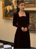 Winter Vintage Christmas Red Velvet Dress French Elegant Square Collar Evening Party Prom Vestidos Women