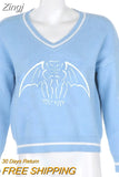 Skulls Blue Knitted Sweaters for Women Fashion Winter Tops Oversized Jumper V Neck Long Sleeve Pullovers Halloween