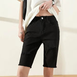 summer jeans short pants knee length denim hole black and white elastic trousers woman pants streetwear