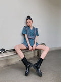2 Piece Sets Womens Outfits Summer Blazer Shorts Set Vintage Stringy Selvedge Blue Fashion Top And Short