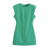 Spring Style Shoulder Padded Crepe Sleeveless Mini Dress