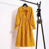 Summer Dress Women Lady Korean Style Vintage Floral Printed Cotton-Chiffon Shirt Dress Long Sleeve Bow Midi Dress