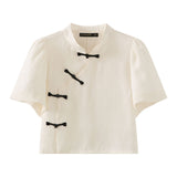Women New Chinese Style Button Design Vintage Tender Stand Collar Fashion Loose Casual Solid Temperament Summer