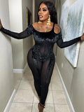Velvet Patchwork Mesh Jumpsuits Women Long Sleeve Off Shoulder Sexy Slim One Piece Outfits Lady Attirewear