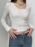 Casual Baisc Chic White Lace Trim Women Tee Shirts Long Sleeve Knit Korean Clothes Slim Top Spring Autumn T-shirt