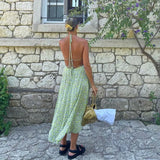 Dress Summer New Asia Garden Floral Neck Halter Lace Slings Strap Sweet Green Print High Waist Sexy Lady Long Skirt