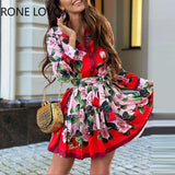 Women Chic All Over Print Floral Long Sleeves Folds Midi