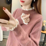 Half-High Collar Sweater In Autumn And Winter 2025 Women Loose Outer Wear Lace Stitched Knitted Bottom Shirt