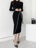 Stand Collar Contrast Bandage Long Sleeve Women Knitted Dress Autumn Korean Fashion Casual Knit Bodycondresses