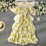 Zingj 2024 New French Vacation One-Line Collar Off-Shoulder Short Sleeve Closed Waist Slim Flower Long Grandiflorum