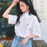 Colors T-shirts Women Candy-color Button Korean Style Chic Trendy College Students Ulzzang Teens Girls Summer Leisure