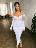 Winter Sexy Bodycon Midi Woman Dress Knitted Long Sleeve V Neck Party Elegant Robe Women's