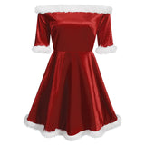 Miss Claus Dress Women Christmas Fancy Party Sexy Santa Off Shoulder Outfits Warm Ladies Velvet A-Line Short