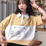 Womens Summer Button Turn-down Collar Patchwork Cartoon Printed Japanese Kawaii Preppy Style Students Cute Button