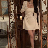 New Women Elegant Black White Dress Long Sleeve Party Vestidos One Piece Slim Spring