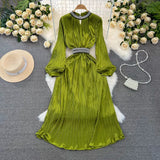 Light And Extravagant Miyake Pleated Long-Sleeved Diamond-Encrusted Vertical Collar Waist Showing Thin Bright Face A-Shaped Dress