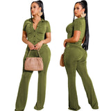 Women 2 Piece Set Elegant Solid Button Short Sleeve Shirts High Waist Flare Pants 2022 Summer Work Office Lady