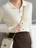Zingj New Polo Collar Button Thread Knitted Sweater Chic French Retro Inner Long-Sleeved