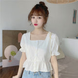 Shirts Women Summer Short Sleeve Square Collar Ruffles Crop Top Chic Fashion Korean Style Casual Womens Ulzzang