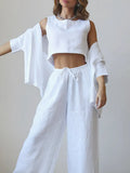 Women Vest Shirt Pants 3 Pieces Set Cotton Linen Crop Tank High Waist Wide Leg Pants Suit Female New Causal Lady