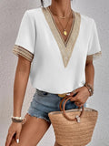 Women's Dress V-Neck Lace Loose Top Commuter Short-Sleeved Shirt Women Splicing