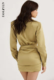 Elegant Green Satin Deep V Long Sleeve Shirt Dress for Women 2022 New Folds Mini Dress Party Office Lady Clothes