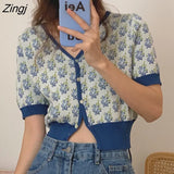 Women Floral Knitting V-neck Vintage All-match Short Female Clothing Thin Single Breasted Crop Sweater Elegant